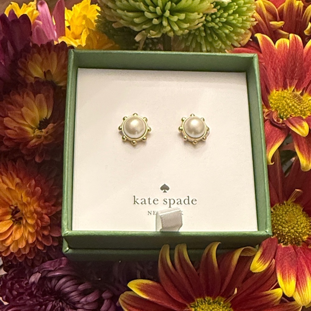 Kate Spade gold-tone and cream pearl stud earrings with a sunburst design New